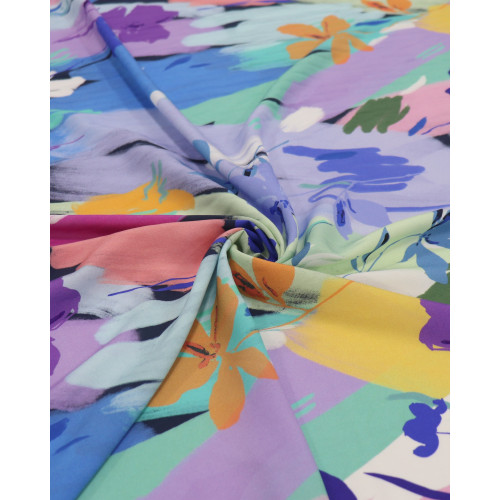 Tecido Viscose Italiano Pintura Floral Abstrata Colorido