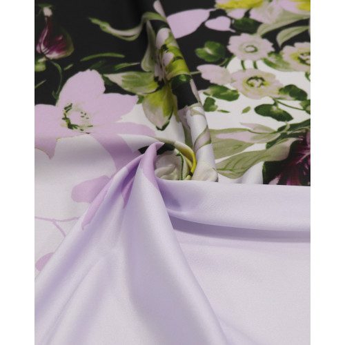Tecido Crepe Silk Italiano Barrado Floral Lavanda e Preto