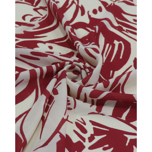 Tecido Crepe Koshibo Leve Pintura Abstrata Creme e Vermelho Valentina