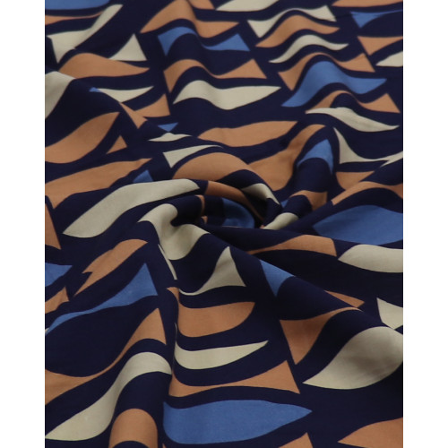 Tecido Viscose Estampa Geométrica Argila, Bege e Tons de Azul