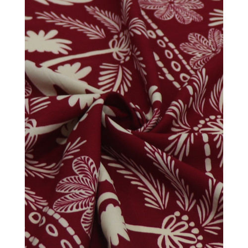 Tecido Viscose Barrado Flores e Coqueiros Creme e Vermelho Valentina