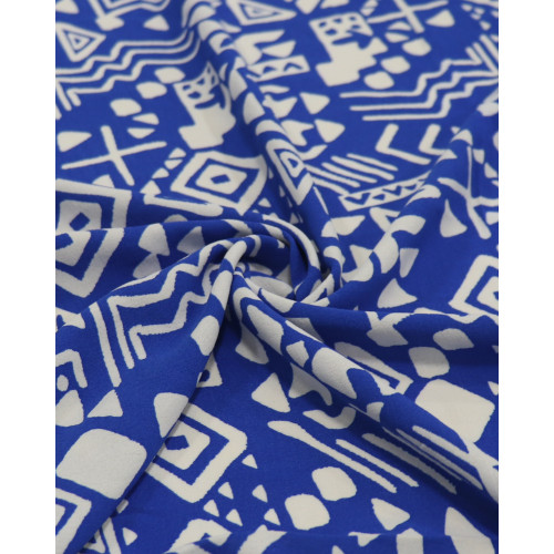 Tecido Crepe Koshibo Étnico Branco e Azul