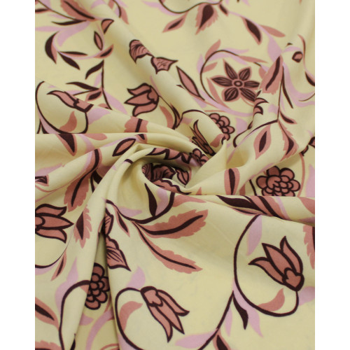 Tecido Viscose Ramos Florais Rosa Chá, Castanho e Amarelo Manteiga