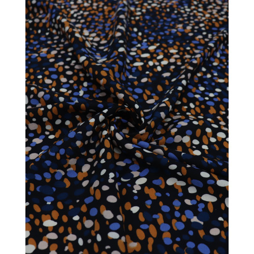 Tecido Viscose Poá Artístico Azul, Laranja e Preto (0.8m)