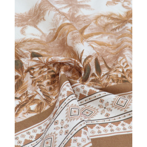 Tecido Linho Puro Italiano Barrado Folhagens Tropicais Terracota e Offwhite