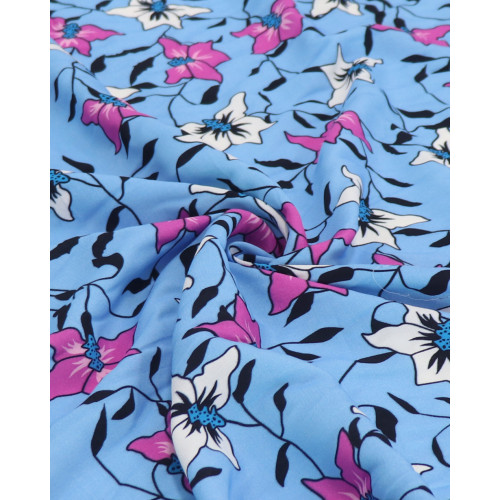 Tecido Crepe de Viscose Italiano Flores Brancas, Rosa e Azul Céu