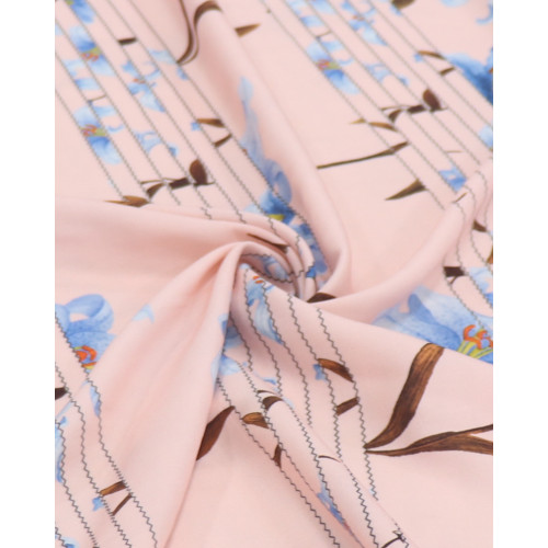Tecido Viscose Italiano Listras Verticais e Lírios Azul e Rosa Chá