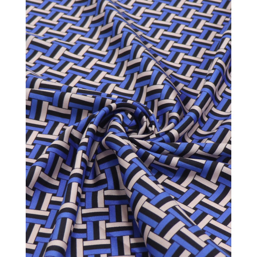 Tecido Crepe Silk Italiano Listras Trançadas Preto, Azul e Bege