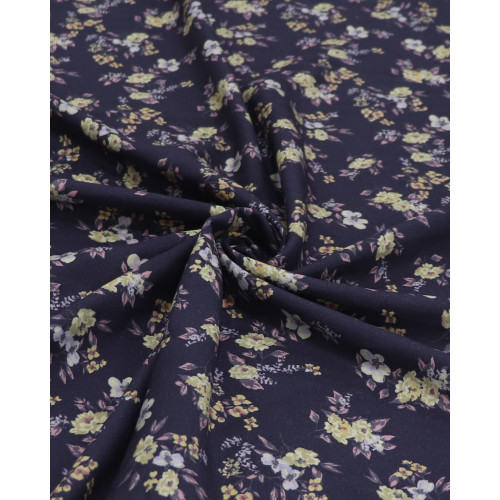 Tecido Viscose Sarjada Italiano Micro Buquê Floral Tons Pastéis e Azul Marinho Noite