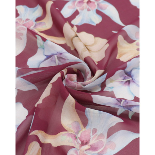 Tecido Crepe Chiffon Italiano Macro Flores Tons Pastéis e Vinho