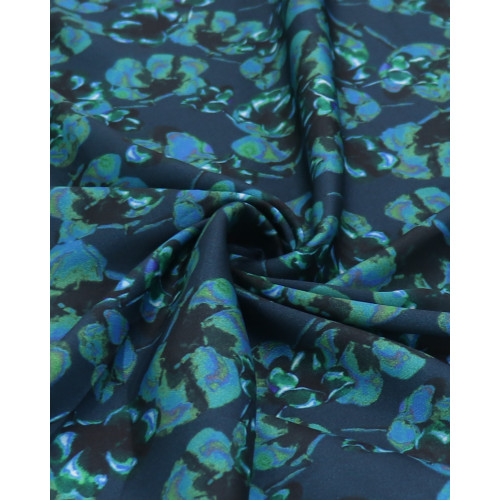 Tecido Crepe Silk Italiano Tapete Floral Abstrato Verde e Tons de Azul