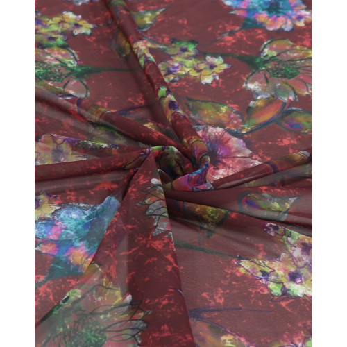 Tecido Crepe Chiffon Italiano Ramos Florais Abstratos Colorido e Marsala