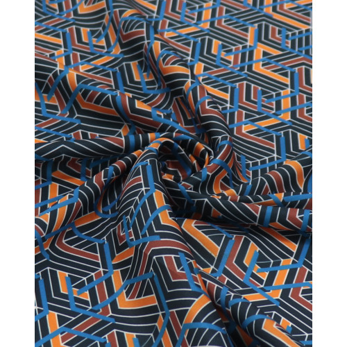 Tecido Crepe Silk Italiano Estampa Geométrica Laranja, Azul e Preto