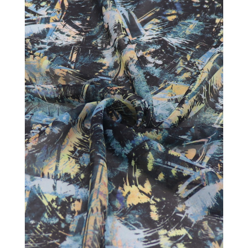 Tecido Crepe Chiffon Italiano Pintura Abstrata Amarelo e Tons de Verde