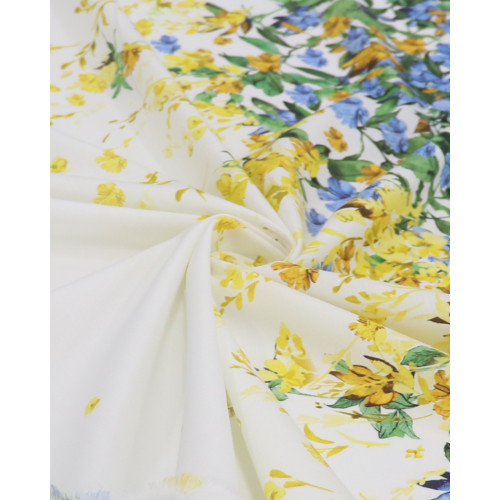 Tecido Tricoline com Elastano Italiano Barrado Vertical Campo Floral Colorido e Branco