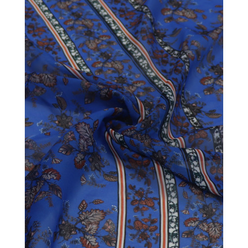Tecido Crepe Chiffon Italiano Barrado Vertical Folhagens Colorido e Azul