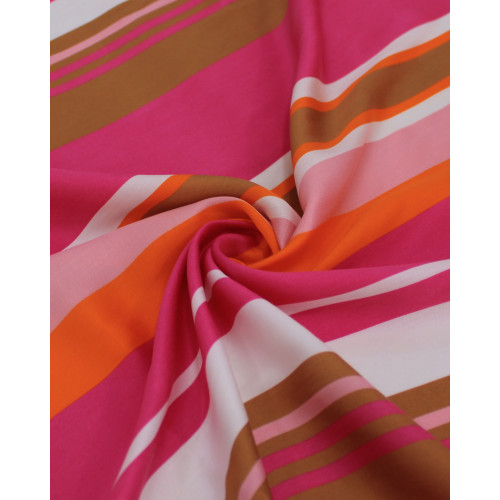 Tecido Viscose Italiano Multi Listras Marrom, Laranja e Tons de Rosa