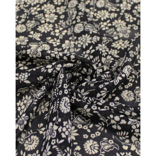 Tecido Crepe Chiffon Italiano Tapete Floral Bege e Preto
