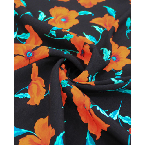 Tecido Crepe de Viscose Italiano Ramos Florais Laranja, Verde e Preto