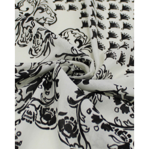 Tecido Cambraia de Algodão Italiano Estampa Floral em Listras Verticais Offwhite e Preto