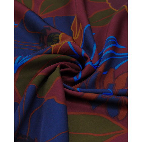Tecido Crepe Silk Italiano Macro Flores Coloridas e Borgonha