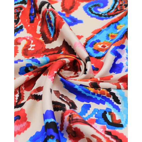 Tecido Crepe Silk Italiano Cashmere e Flores Abstratas Colorido e Pérola