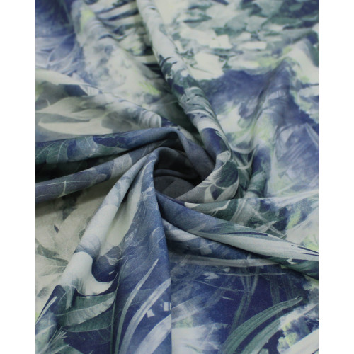 Tecido Viscose Fina Mista Italiano Folhagens Verde Menta e Azul
