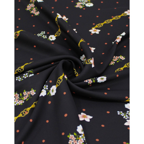 Tecido Crepe Silk Fino Italiano Micro Poá e Flores Entre Correntes Colorido e Preto