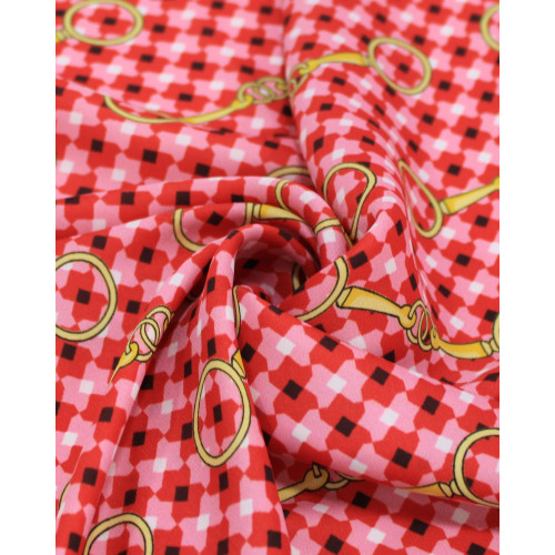 Tecido Crepe Silk Fino Micro Geométricos e Argolas Amarelo, Vermelho e Rosa