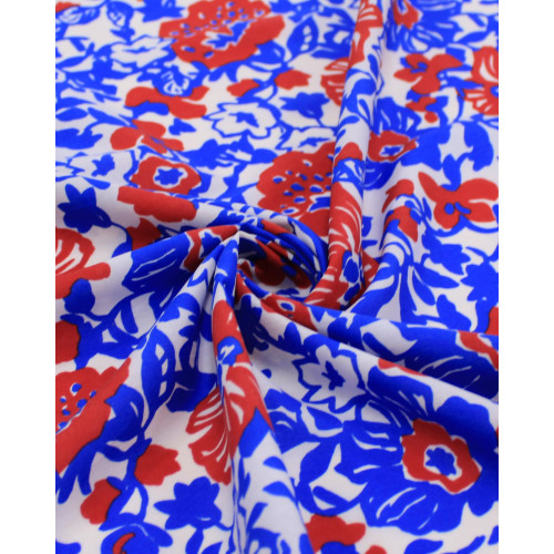 Tecido Tricoline Italiano Ramos Florais Vermelho, Azul e Offwhite
