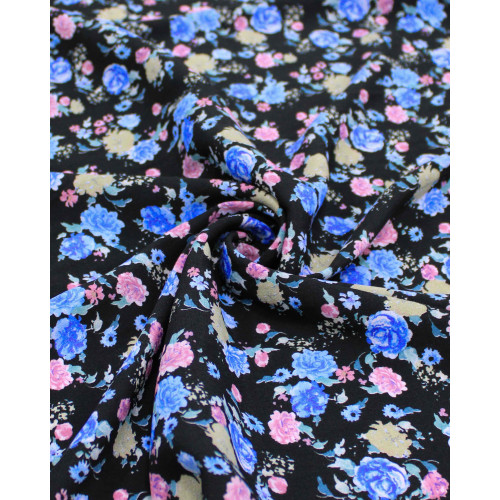 Tecido Crepe de Viscose Italiano Tapete Floral Colorido e Preto