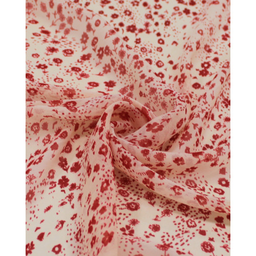 Tecido Crepe Chiffon Italiano Micro Tapete Floral Vermelho e Creme