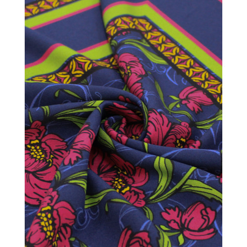Tecido Viscose Italiano Estampa Lenço Flores Rosa, Verde e Cinza Chumbo
