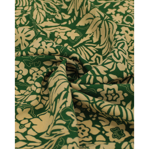 Tecido Crepe de Viscose Italiano Folhas Abstratas Creme e Verde Oliva