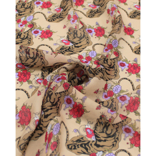 Tecido Crepe Chiffon Italiano Tigres e Flores Colorido e Bege