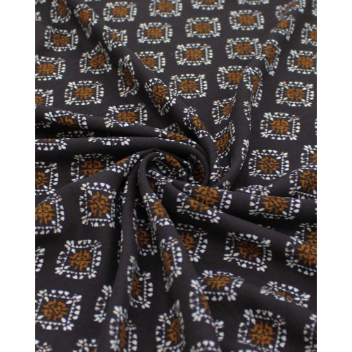 Tecido Viscose Fina Italiano Micro Estampa Geométrica Marrom, Branco e Preto