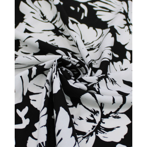 Tecido Viscose Italiano Barrado Macro Folhas Verde, Branco e Preto