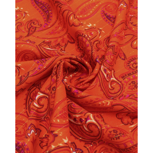 Tecido Viscose com Lurex Cashmere Estampado Rosa e Laranja Vibrante