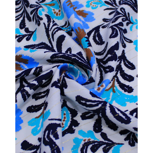 Tecido Viscose com Lurex Estampa Floral Marrom, Tons de Azul e Branco