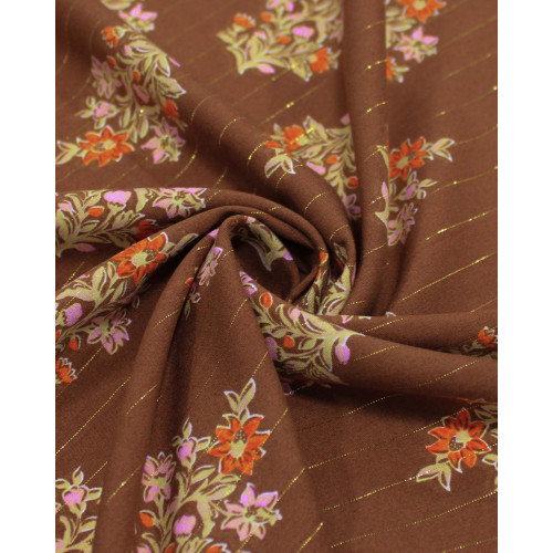Tecido Viscose com Lurex Buquê Floral Colorido e Marrom