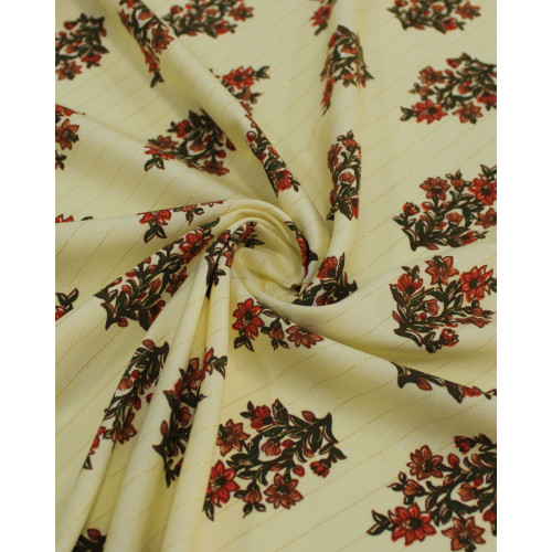 Tecido Viscose com Lurex Buquê Floral Verde, Vermelho e Creme
