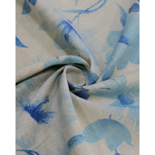 Tecido Linho Misto Estampa Floral Tons de Azul e Cru