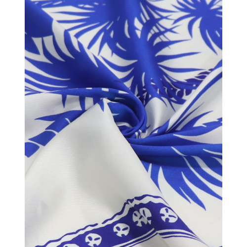 Tecido Crepe Silk Italiano Estampa Lenço Folhagens Tropicais Azul e Offwhite (1,47m x 89cm)