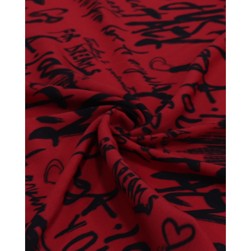 Tecido Crepe de Viscose Italiano Escritas Preto e Vermelho