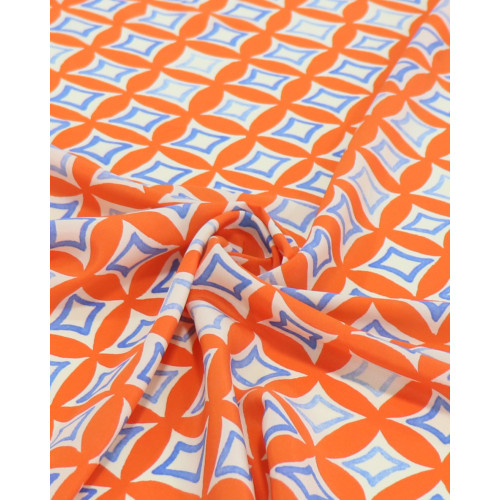 Tecido Crepe Salinas Italiano Estampa Geométrica Irregular Offwhite, Tons de Azul e Laranja