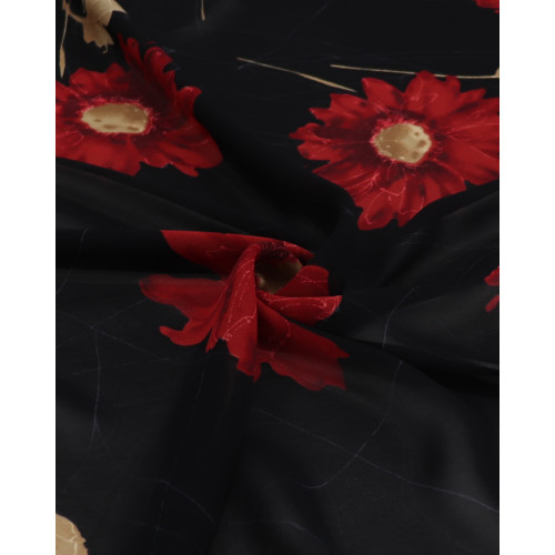Tecido Crepe Chiffon Grosso Italiano Macro Floral e Riscos Branco, Vermelho e Preto