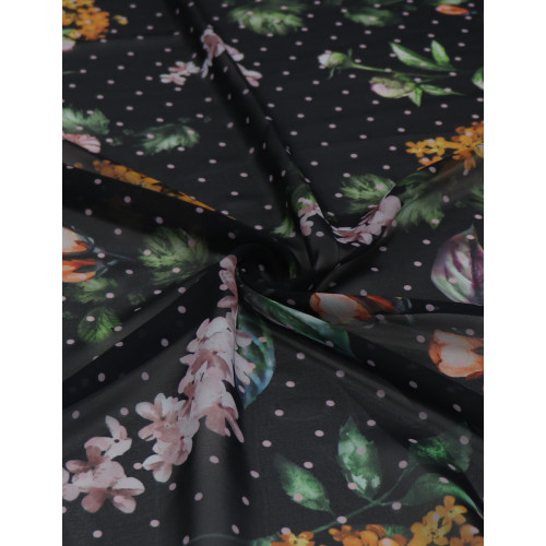 Tecido Crepe Chiffon Italiano Micro Poá Rosa e Ramos Florais Colorido e Preto