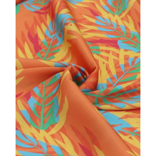 Tecido Crepe Silk Italiano Folhagens Coloridas e Laranja