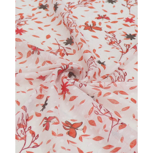 Tecido Crepe Chiffon Italiano Brocado Folhas e Ramos Vermelho e Branco