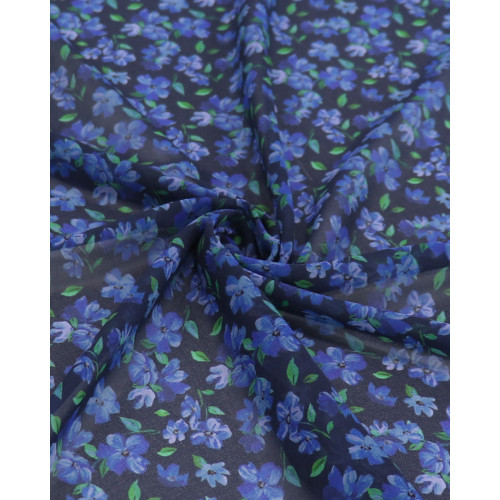 Tecido Crepe Chiffon Italiano Tapete Floral Verde, Azul e Preto